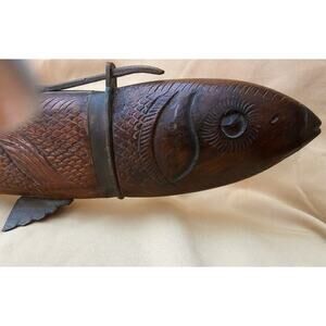 Vintage Wood and Brass Fish Carving Set
